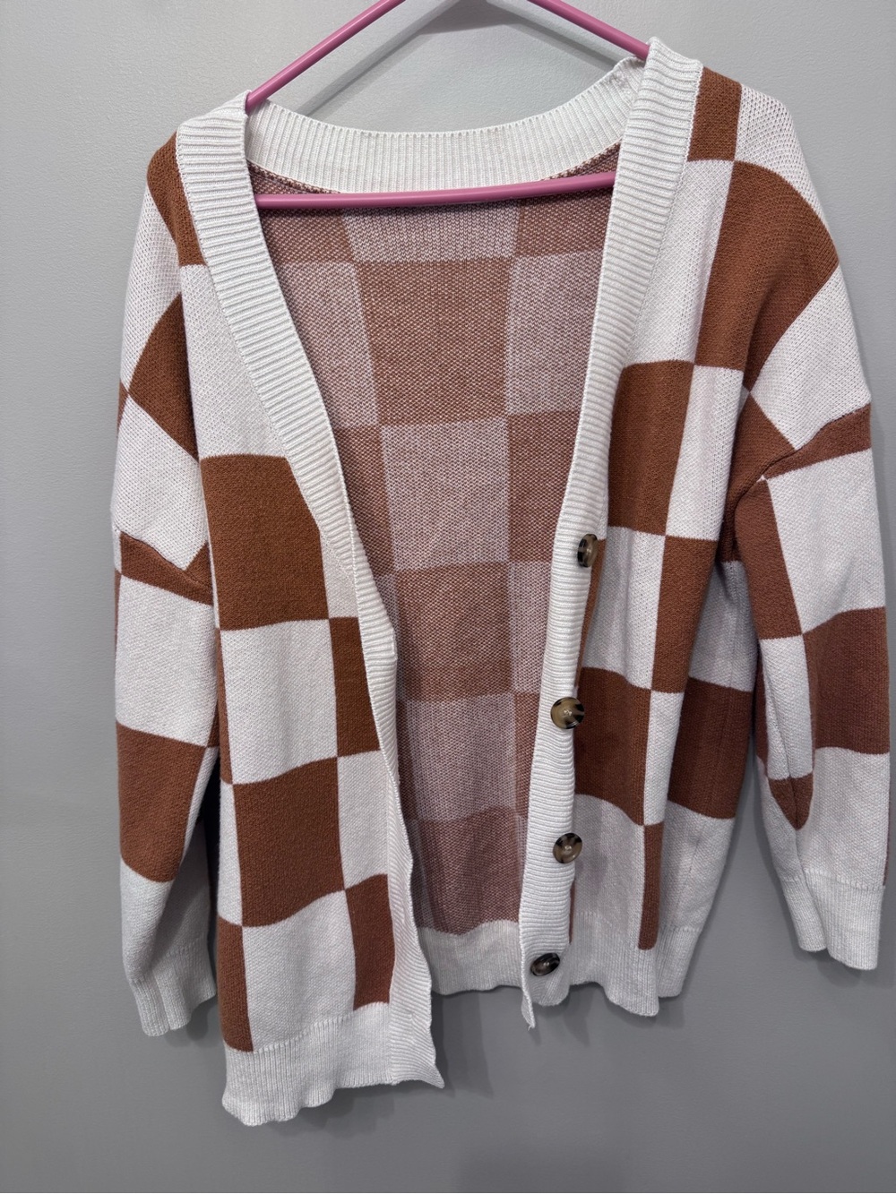 Amazon Checkerboard Open-Front Cardigan - White & Orange/brown
